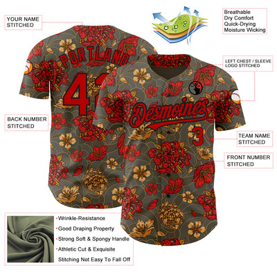 Custom Olive Red-Black 3D Pattern Design Northeast China Big Flower Authentic Baseball Jersey