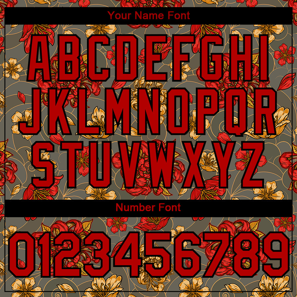 Custom Olive Red-Black 3D Pattern Design Northeast China Big Flower Authentic Baseball Jersey