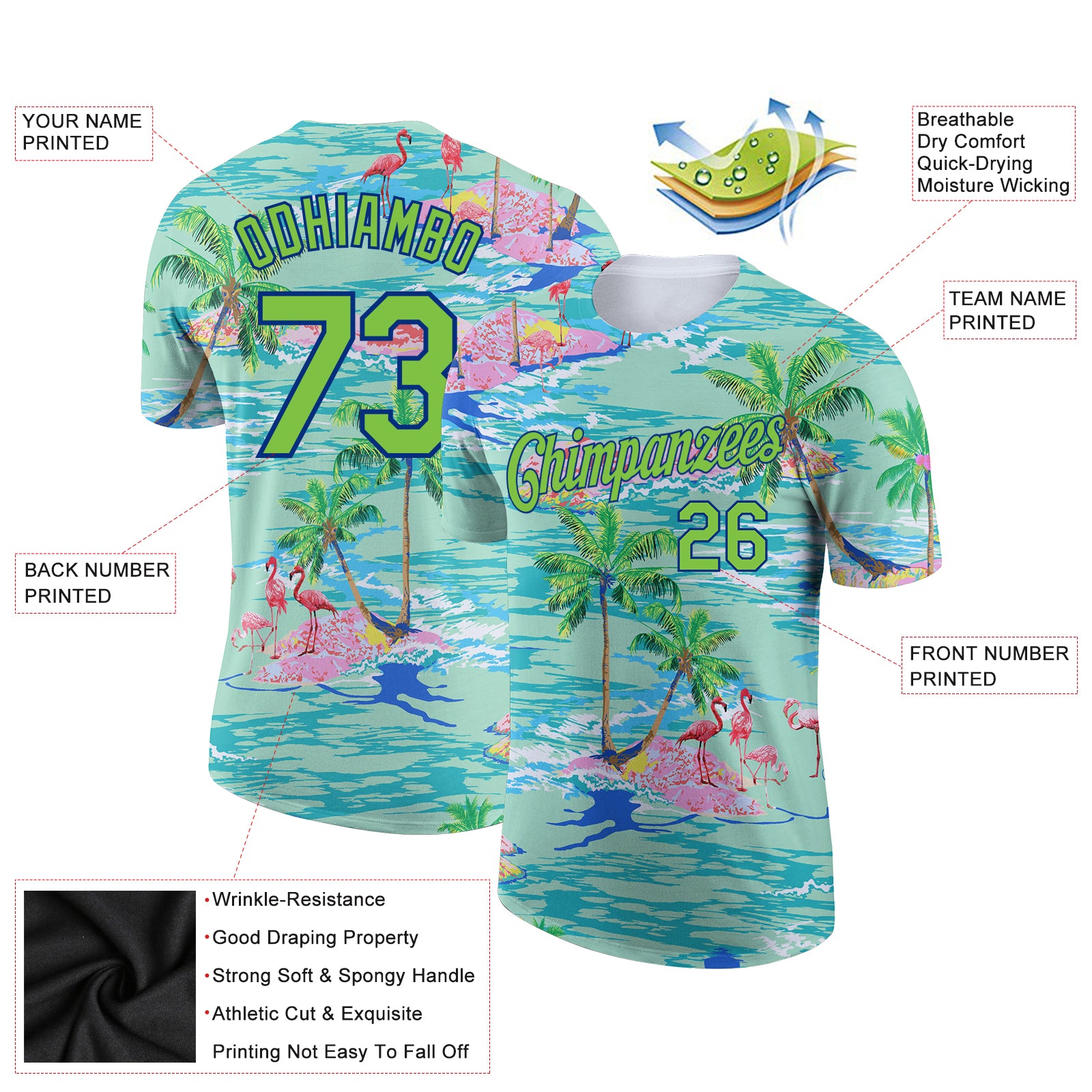 Custom Lakes Blue Neon Green-Navy 3D Pattern Design Beach Hawaii Palm Trees And Flamingo Performance T-Shirt