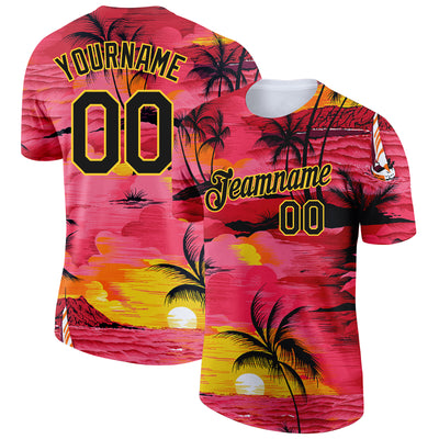 Custom Red Black-Gold 3D Pattern Design Sun Beach Hawaii Palm Trees Performance T-Shirt
