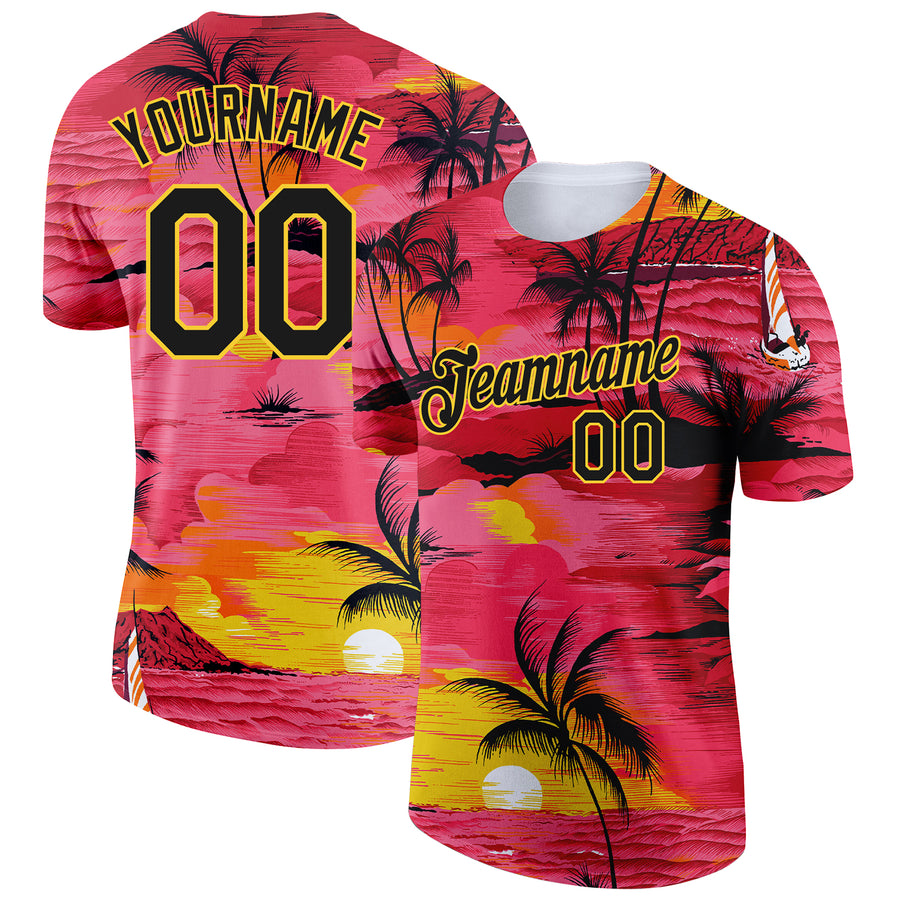 Custom Red Black-Gold 3D Pattern Design Sun Beach Hawaii Palm Trees Performance T-Shirt