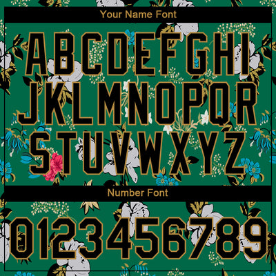 Custom Kelly Green Black-Old Gold 3D Pattern Design Flowers Performance T-Shirt