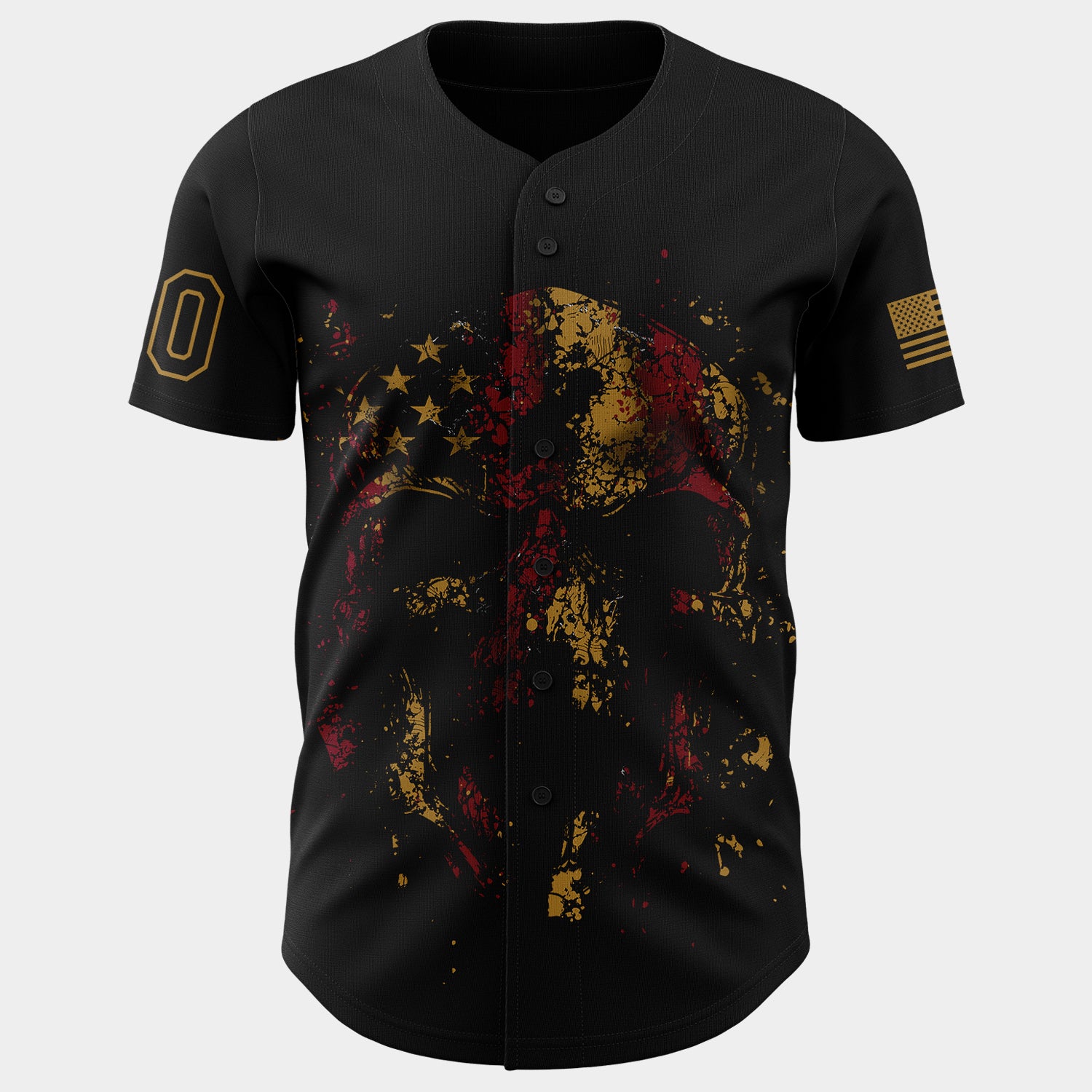 Custom Black Old Gold 3D American Flag Skull Patriotic Authentic Baseball Jersey