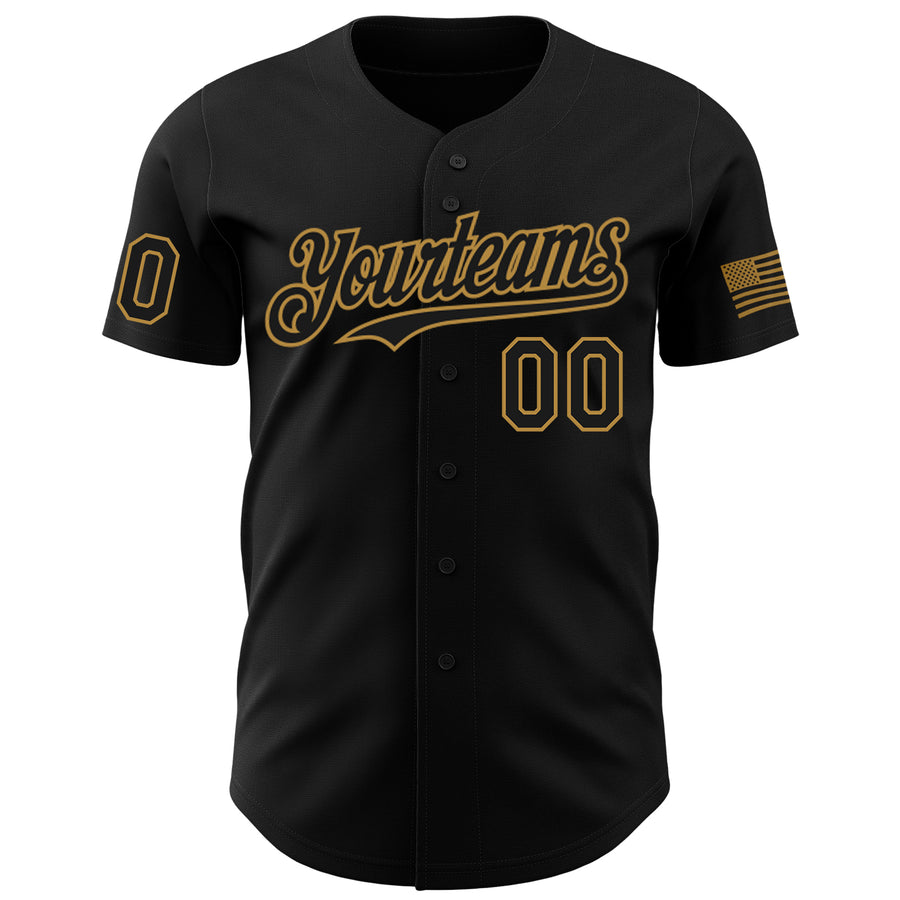 Custom Black Old Gold 3D American Flag Skull Patriotic Authentic Baseball Jersey