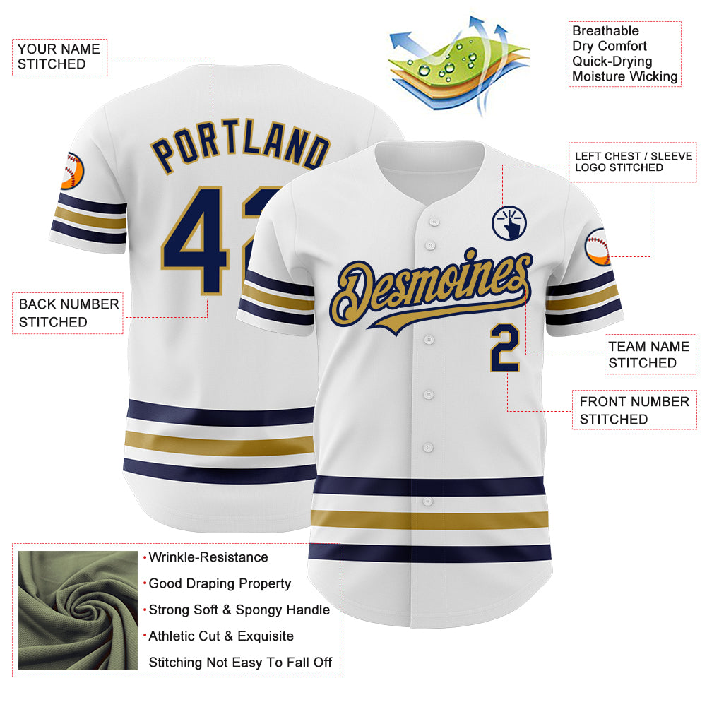 Custom White Navy-Old Gold Line Authentic Baseball Jersey