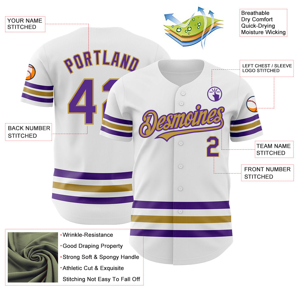 Custom White Purple-Old Gold Line Authentic Baseball Jersey