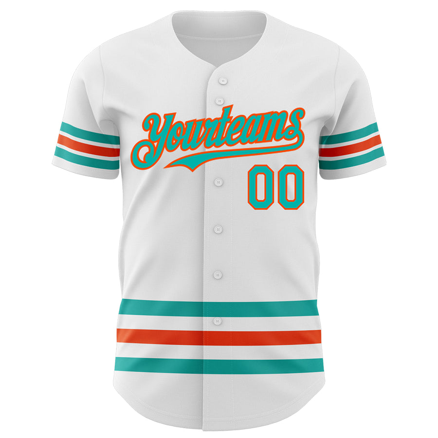 Custom White Aqua-Orange Line Authentic Baseball Jersey