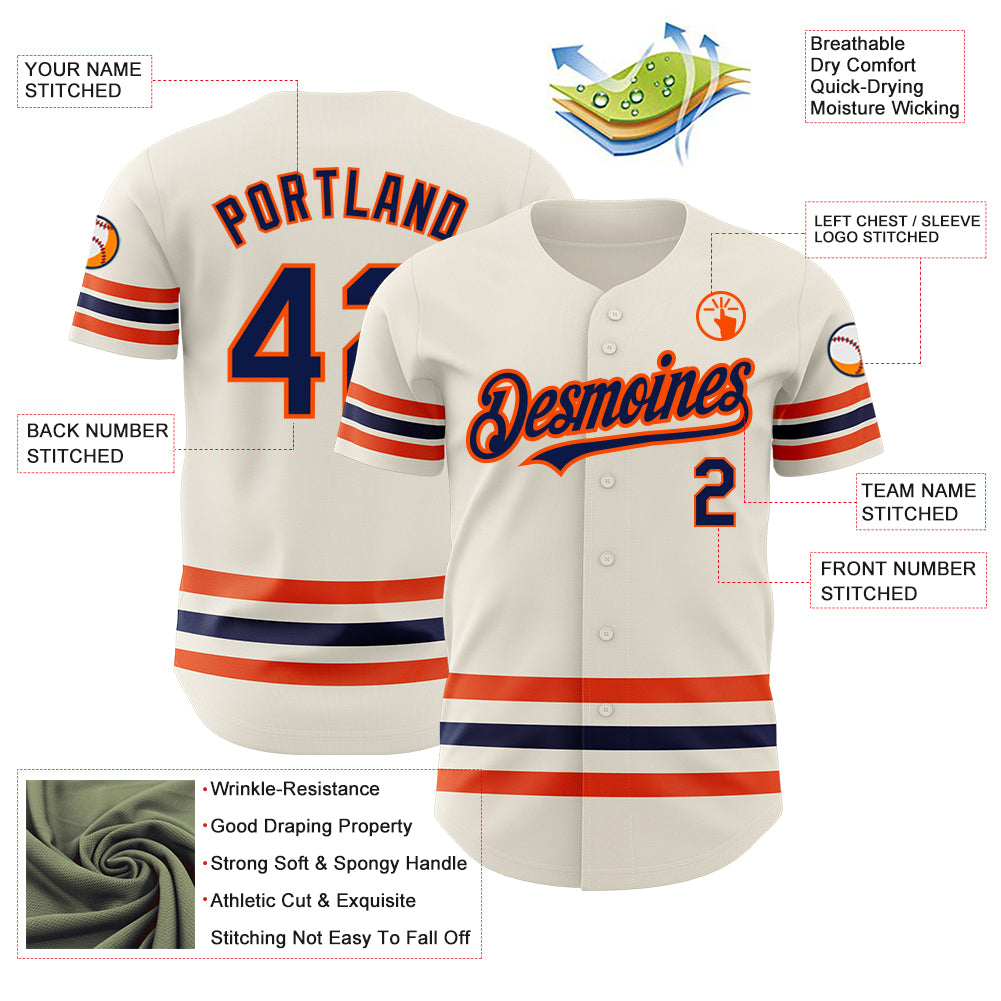 Custom Cream Navy-Orange Line Authentic Baseball Jersey