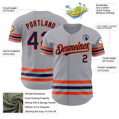 Custom Gray Navy-Orange Line Authentic Baseball Jersey