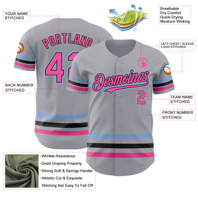 Custom Gray Pink Black-Light Blue Line Authentic Baseball Jersey