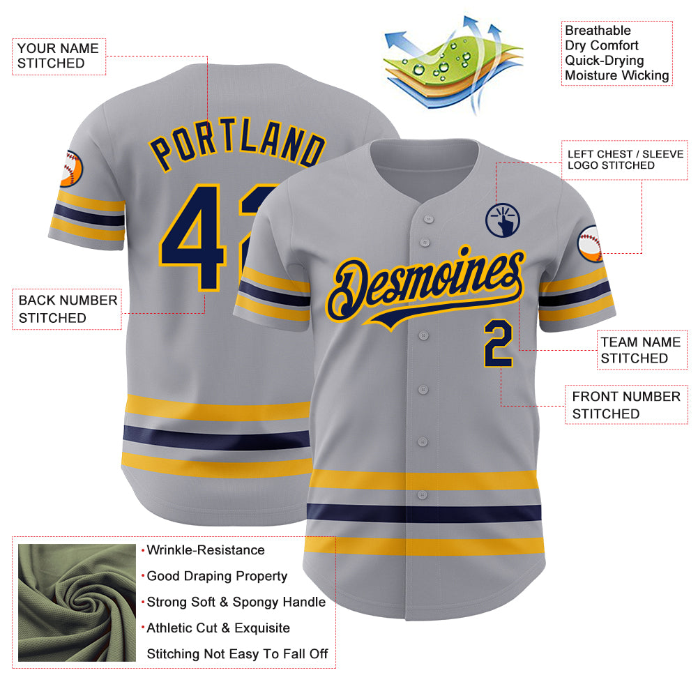 Custom Gray Navy-Gold Line Authentic Baseball Jersey
