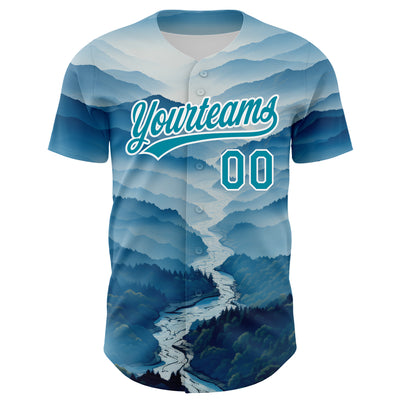 Custom White Teal 3D Pattern Design Mountains Authentic Baseball Jersey