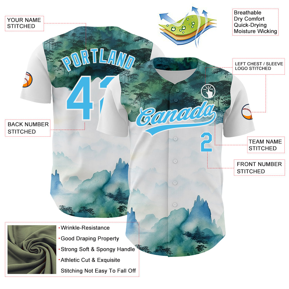 Custom White Sky Blue 3D Pattern Design Mountains Landscape Authentic Baseball Jersey