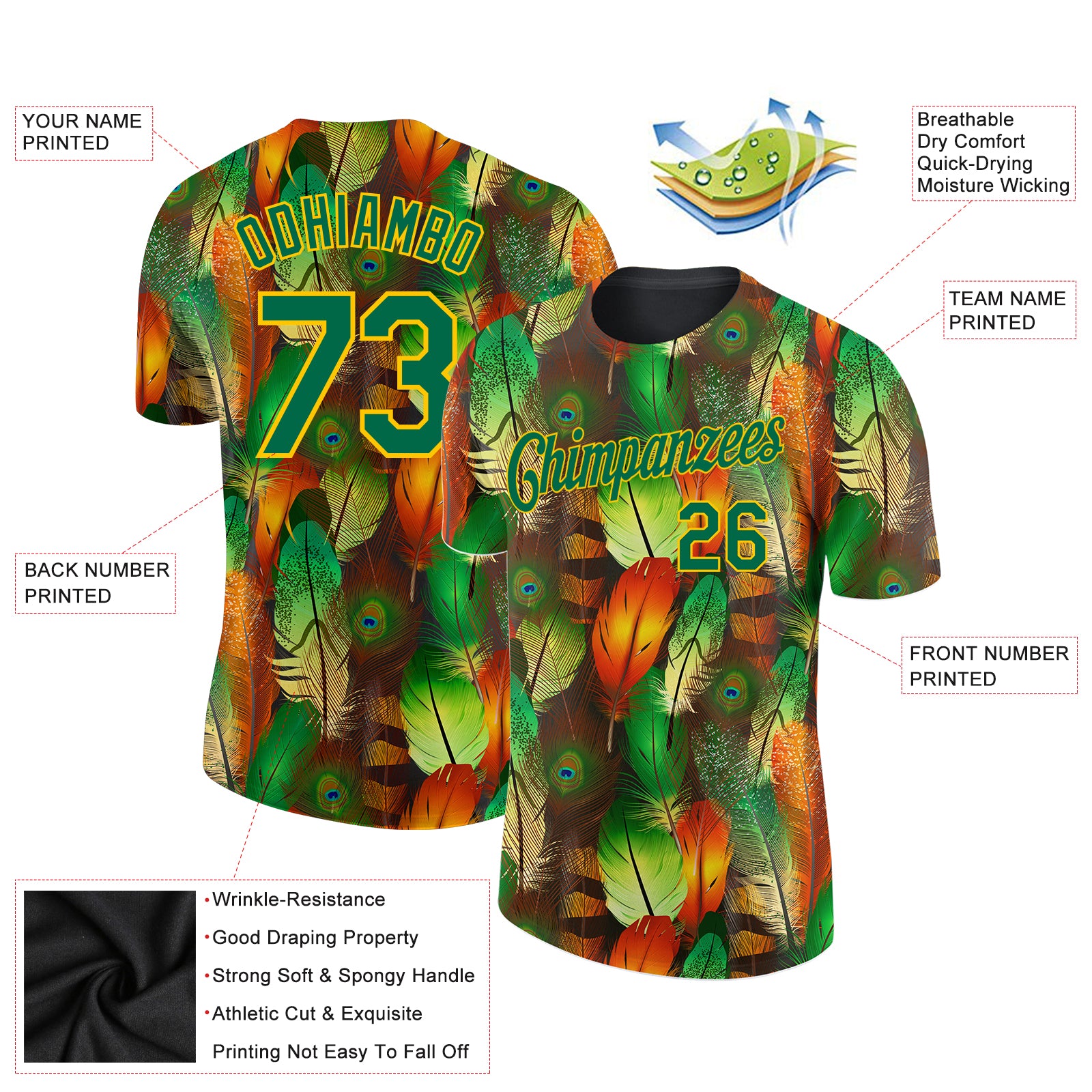 Custom Black Kelly Green-Yellow Feathers 3D Pattern Design Feathers Performance T-Shirt