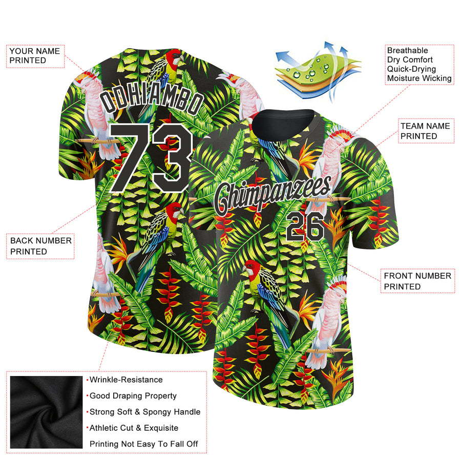 Custom Black White 3D Pattern Design Tropical Hawaii Plant With Bird Performance T-Shirt