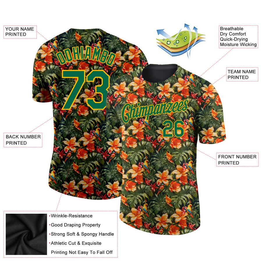 Custom Black Green-Yellow 3D Pattern Design Tropical Hawaii Plant With Bird Performance T-Shirt