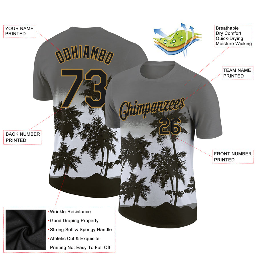 Custom Gray Black-Old Gold 3D Pattern Design Tropical Hawaii Palms Trees Performance T-Shirt