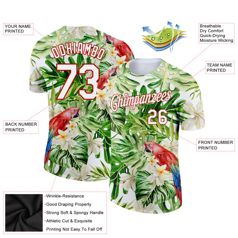 Custom White Red 3D Pattern Design Tropical Hawaii Plant With Bird Performance T-Shirt