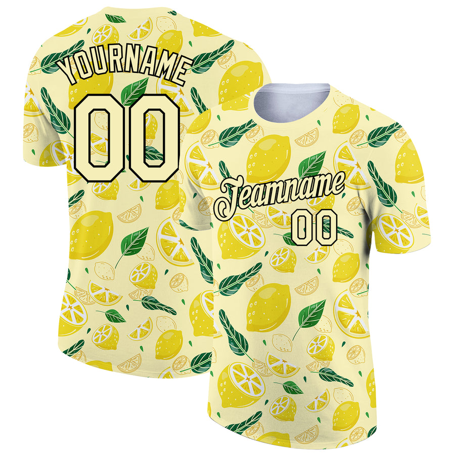 Custom Yellow Black 3D Pattern Design Summer Holiday Flower And Fruit Performance T-Shirt