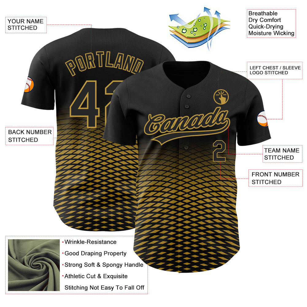 Custom Black Old Gold 3D Pattern Design Gradient Lines Authentic Baseball Jersey