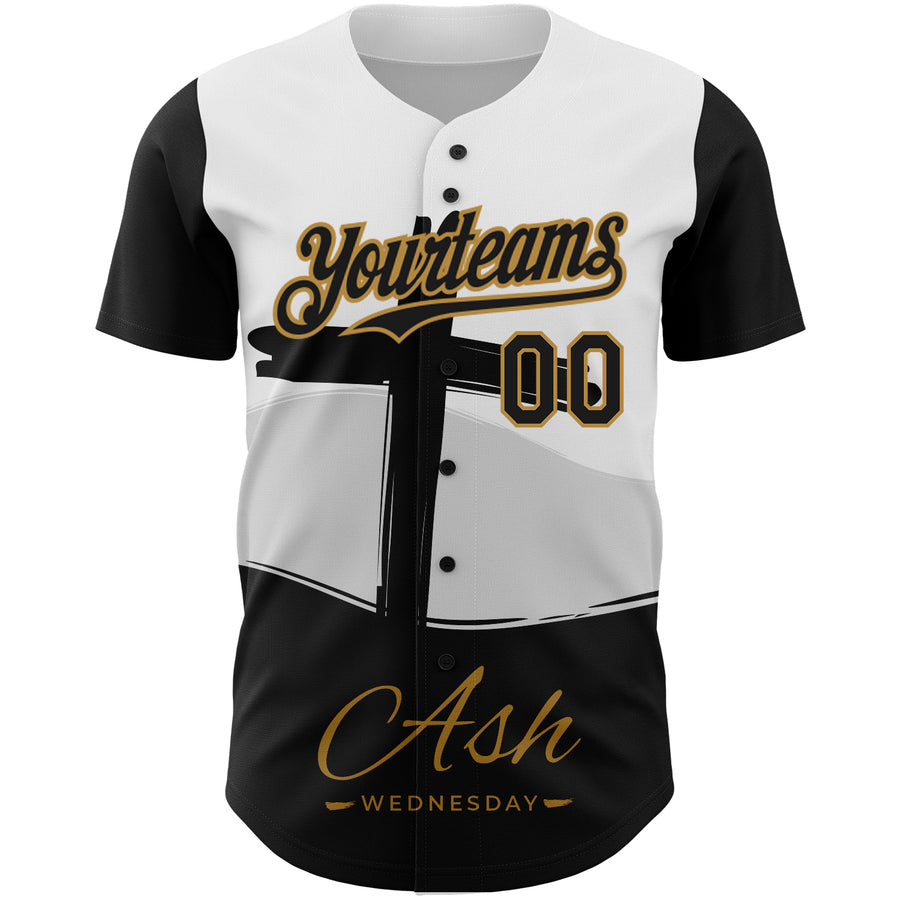 Custom White Black-Old Gold 3D Pattern Design Religion Cross Jesus Christ Ash Wednesday Authentic Baseball Jersey