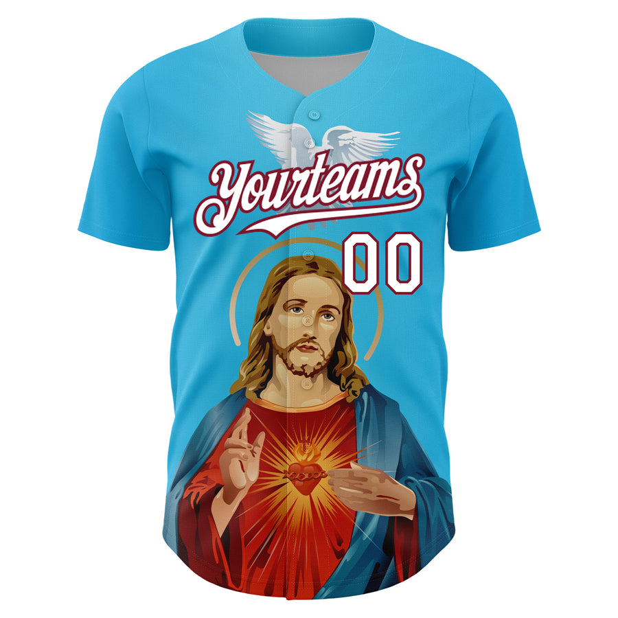 Custom Sky Blue White-Maroon 3D Pattern Design Religion Jesus Christ And Virgin Mary Authentic Baseball Jersey