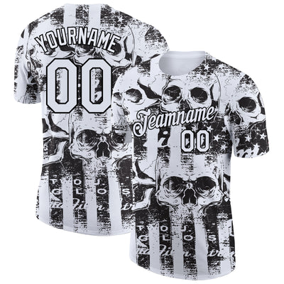 Custom White Black 3D Skull And American Flag Performance T-Shirt