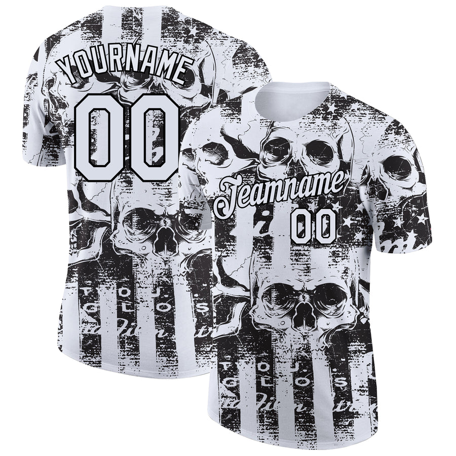 Custom White Black 3D Skull And American Flag Performance T-Shirt