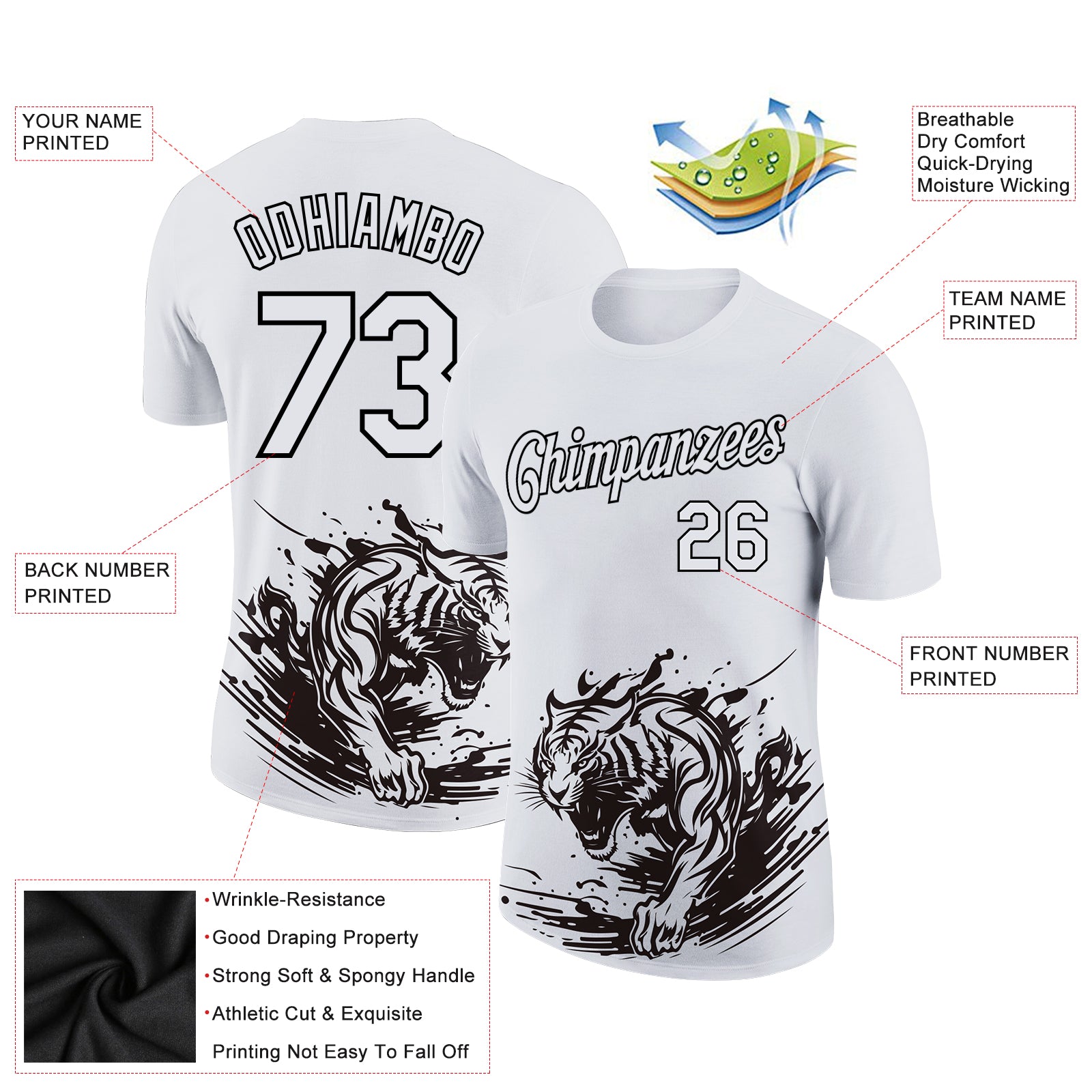 Custom White Black 3D Pattern Design Tiger Performance T-Shirt