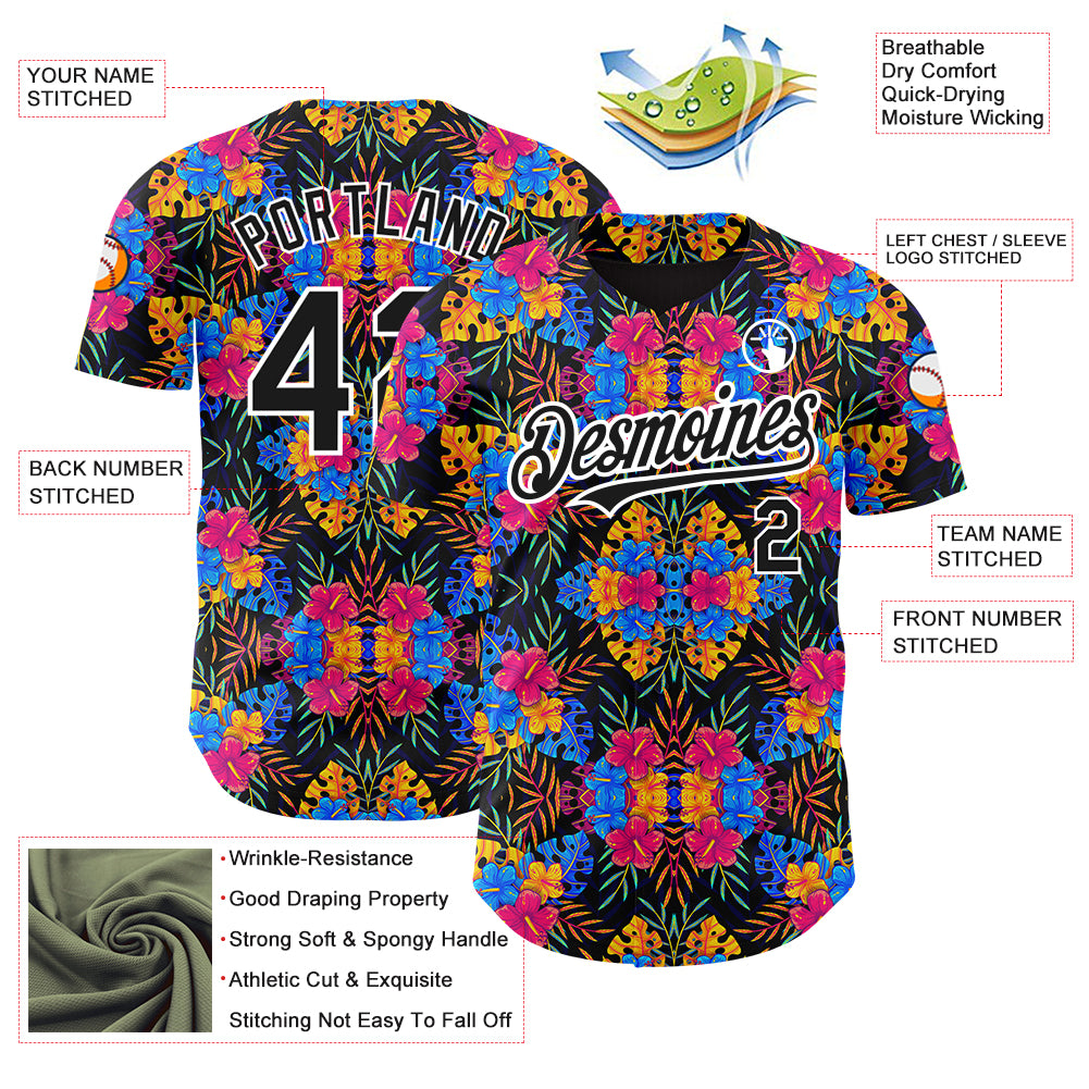 Custom Black White 3D Pattern Design Tropical Flower And Hawaii Palm Leaves Authentic Baseball Jersey