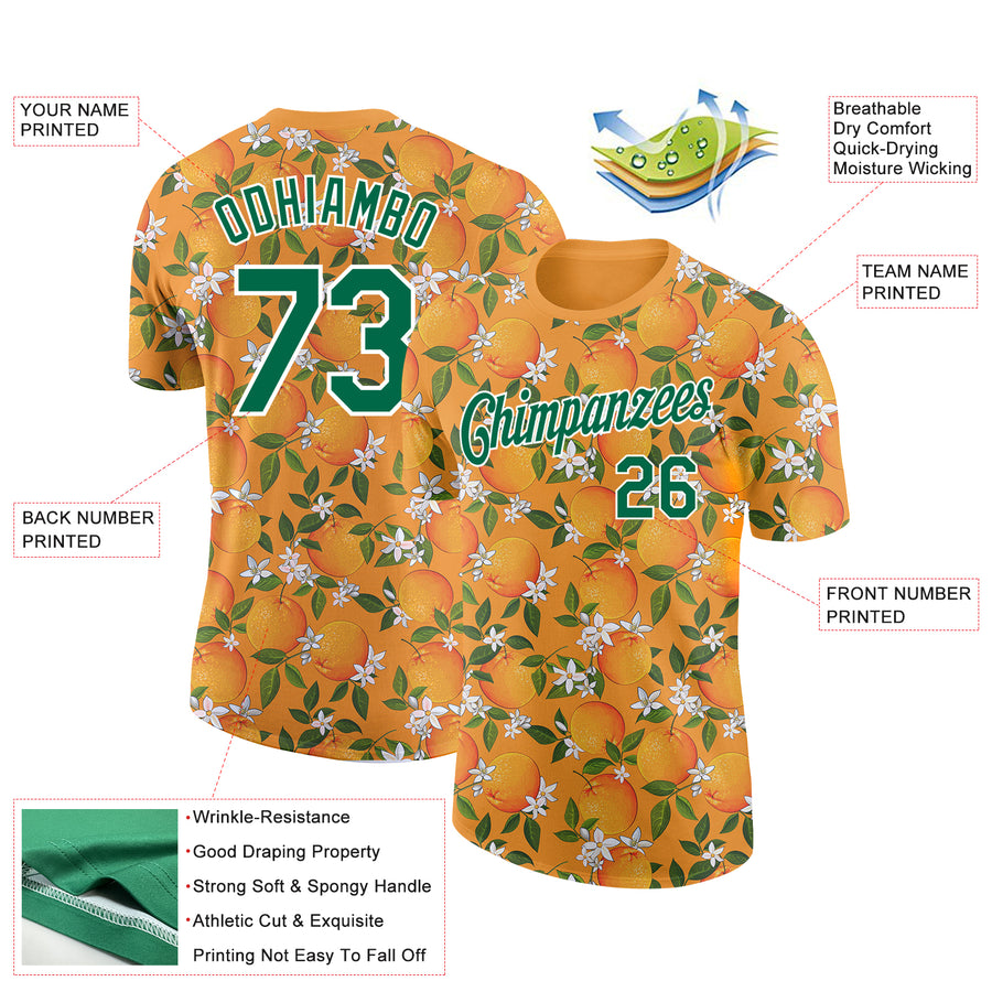 Custom Orange Kelly Green-White 3D Pattern Design Orange Citrus Fruit Performance T-Shirt
