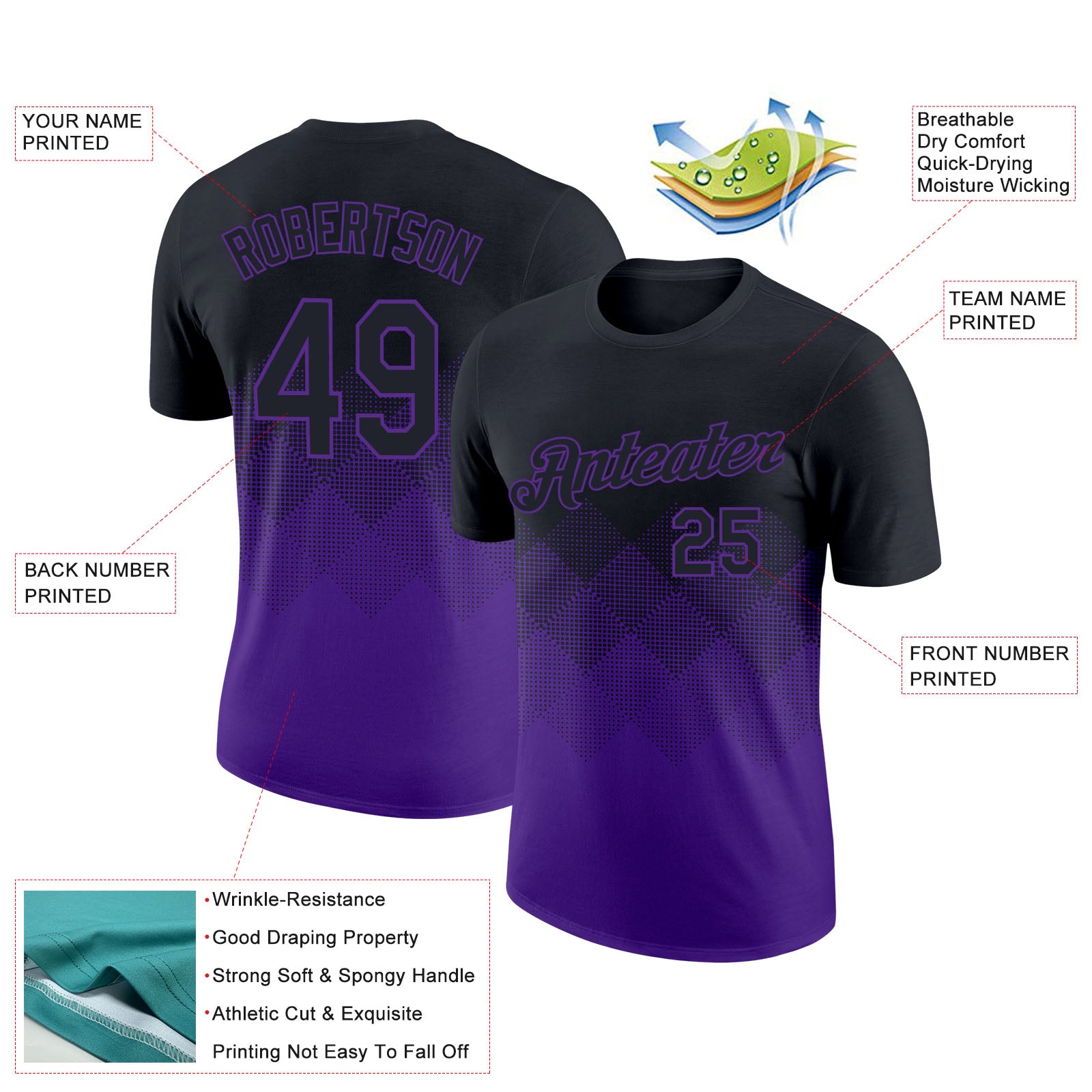 Custom Black Purple 3D Pattern Design Gradient Square Shapes Performance T-Shirt