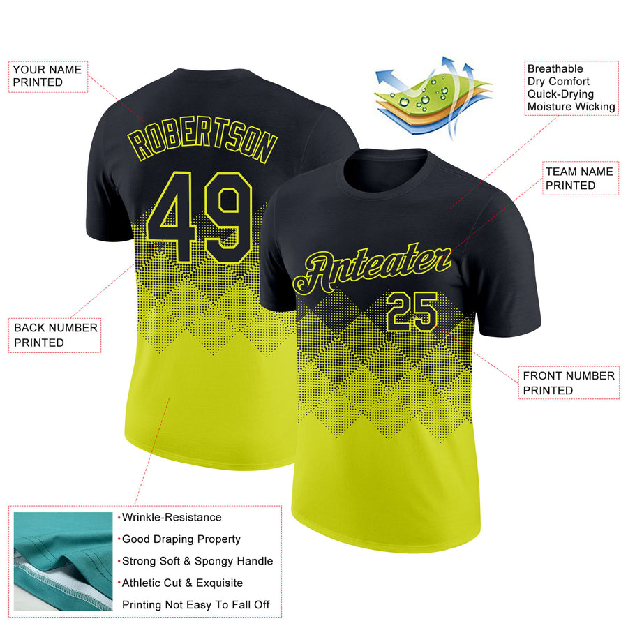 Custom Black Neon Yellow 3D Pattern Design Gradient Square Shapes Performance T-Shirt