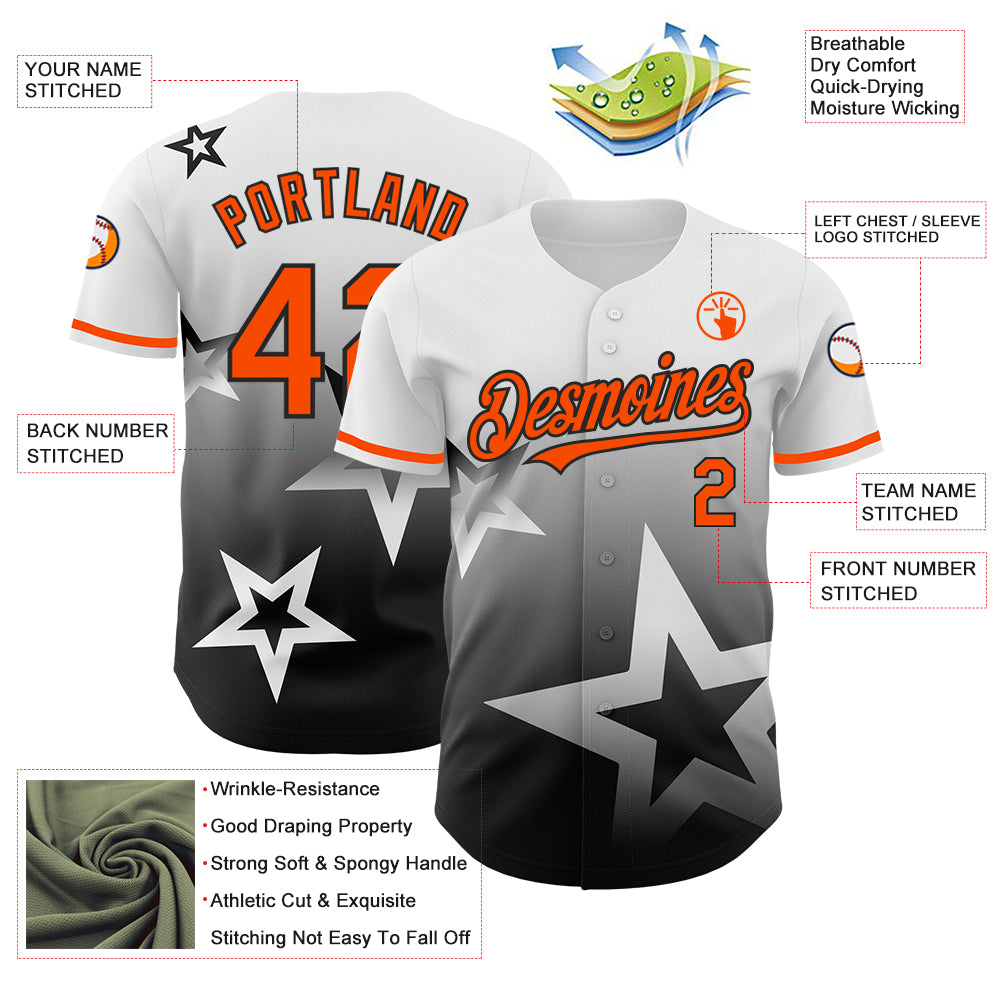 Custom White Orange-Black 3D Pattern Design Gradient Style Twinkle Star Authentic Baseball Jersey