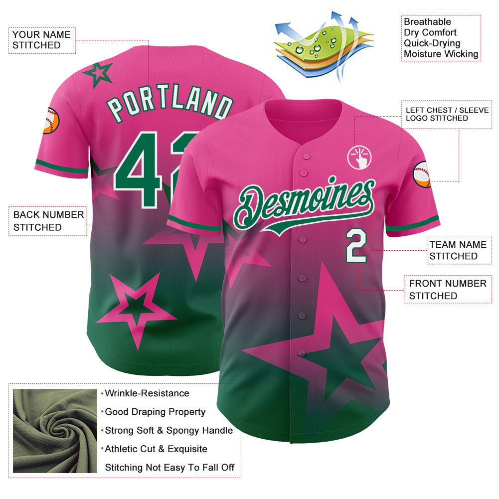 Custom Pink Kelly Green-White 3D Pattern Design Gradient Style Twinkle Star Authentic Baseball Jersey