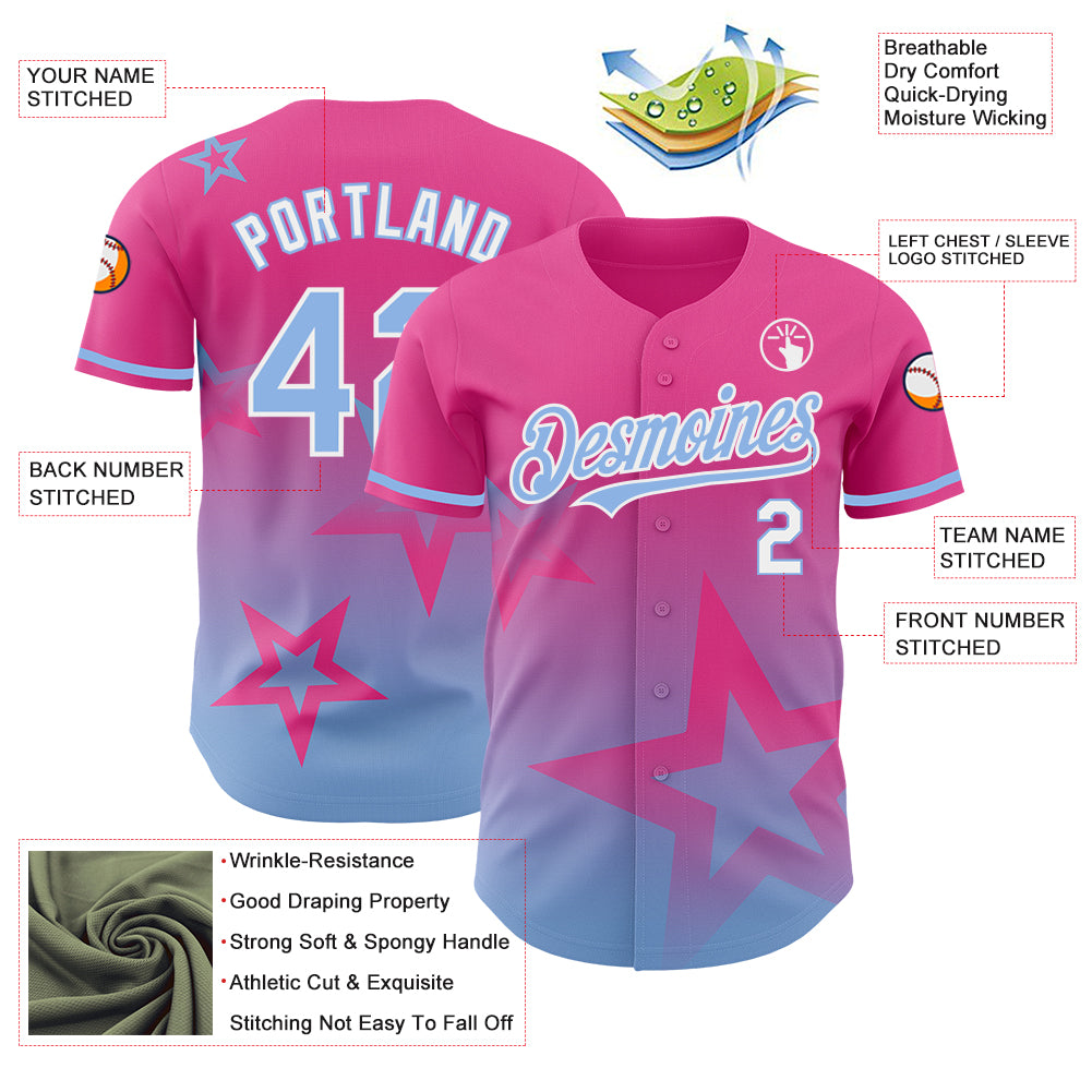 Custom Pink Light Blue-White 3D Pattern Design Gradient Style Twinkle Star Authentic Baseball Jersey