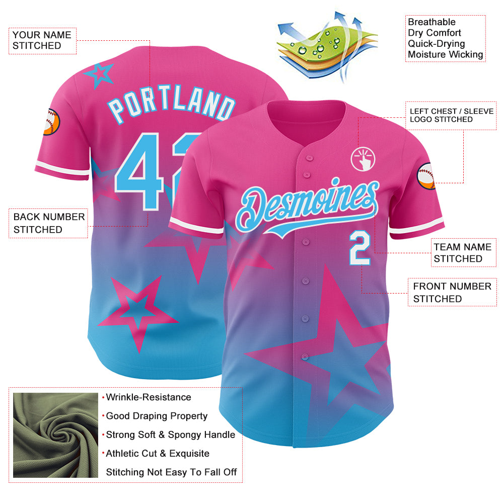 Custom Pink Sky Blue-White 3D Pattern Design Gradient Style Twinkle Star Authentic Baseball Jersey