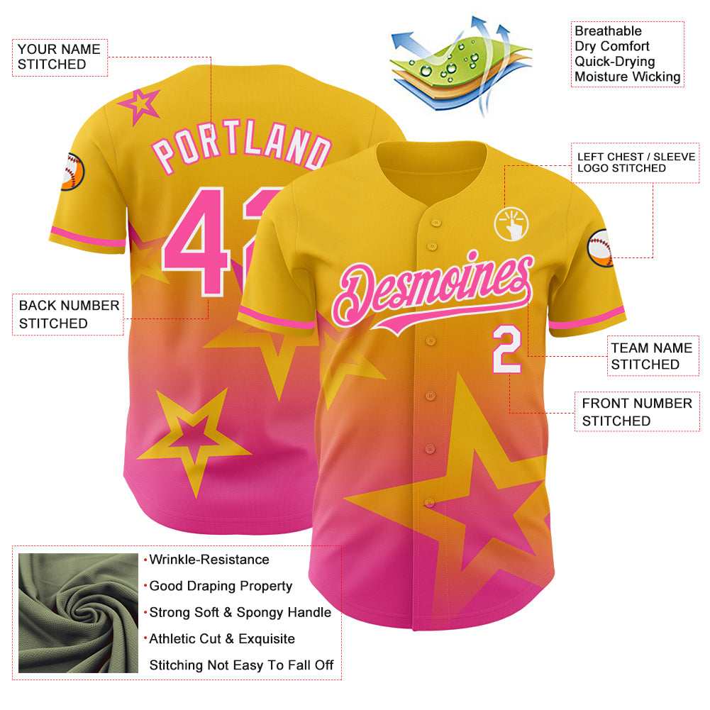 Custom Yellow Pink-White 3D Pattern Design Gradient Style Twinkle Star Authentic Baseball Jersey