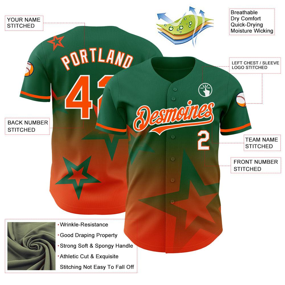 Custom Kelly Green Orange-White 3D Pattern Design Gradient Style Twinkle Star Authentic Baseball Jersey