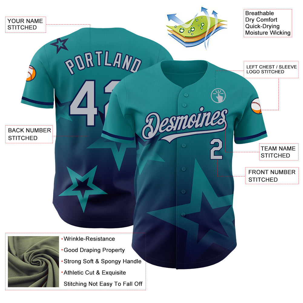 Custom Teal Gray-Navy 3D Pattern Design Gradient Style Twinkle Star Authentic Baseball Jersey