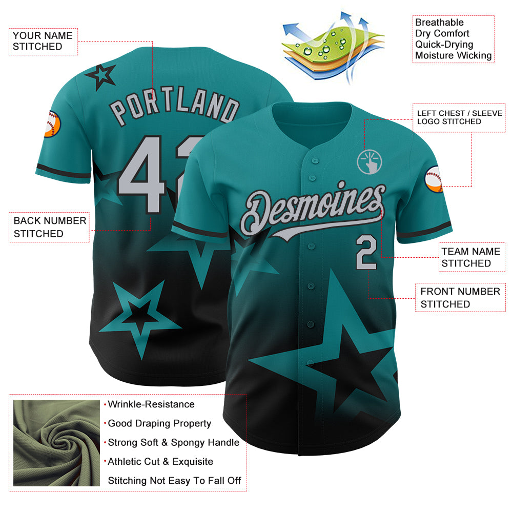 Custom Teal Gray-Black 3D Pattern Design Gradient Style Twinkle Star Authentic Baseball Jersey