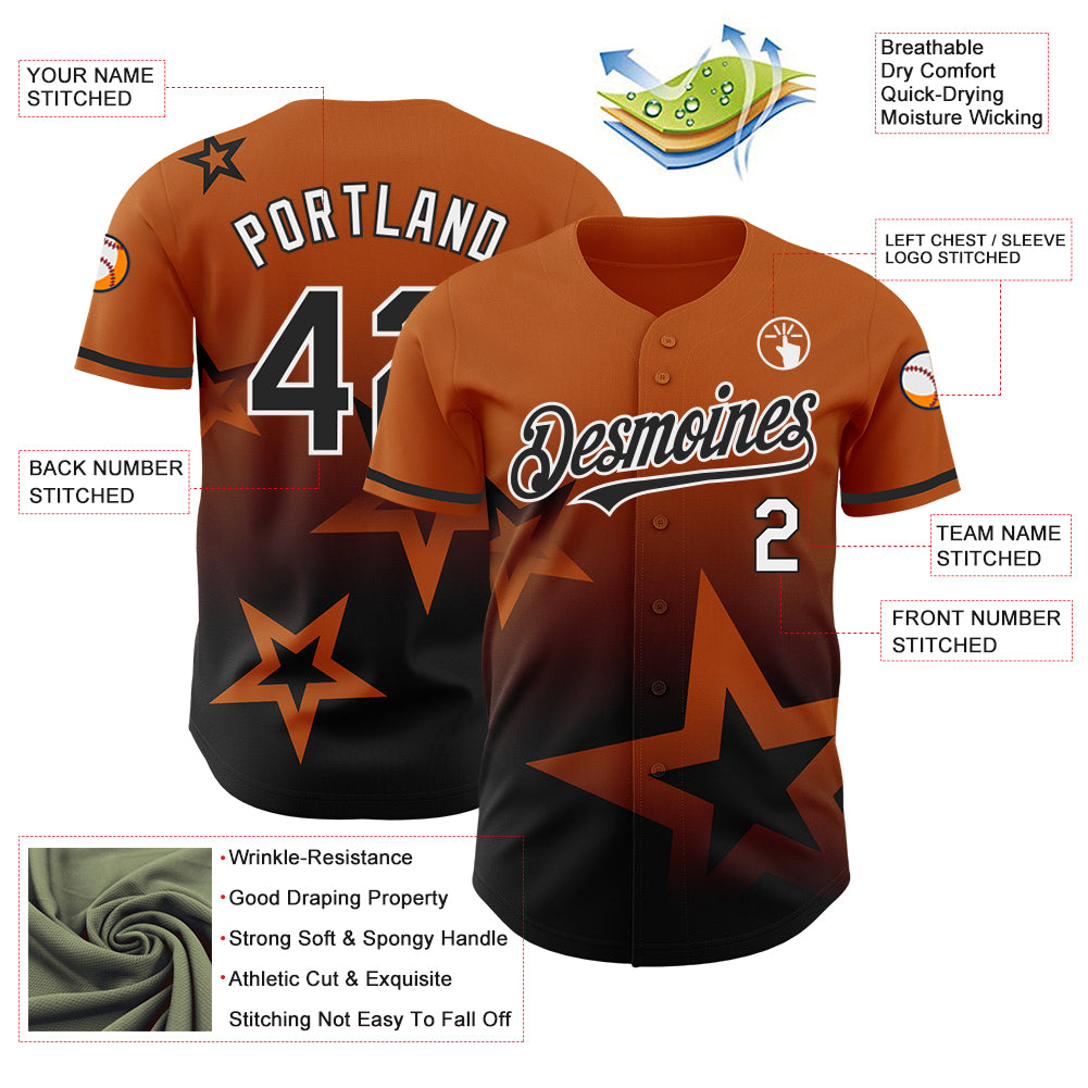Custom Texas Orange Black-White 3D Pattern Design Gradient Style Twinkle Star Authentic Baseball Jersey