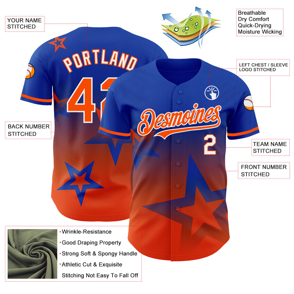 Custom Thunder Blue Orange-White 3D Pattern Design Gradient Style Twinkle Star Authentic Baseball Jersey