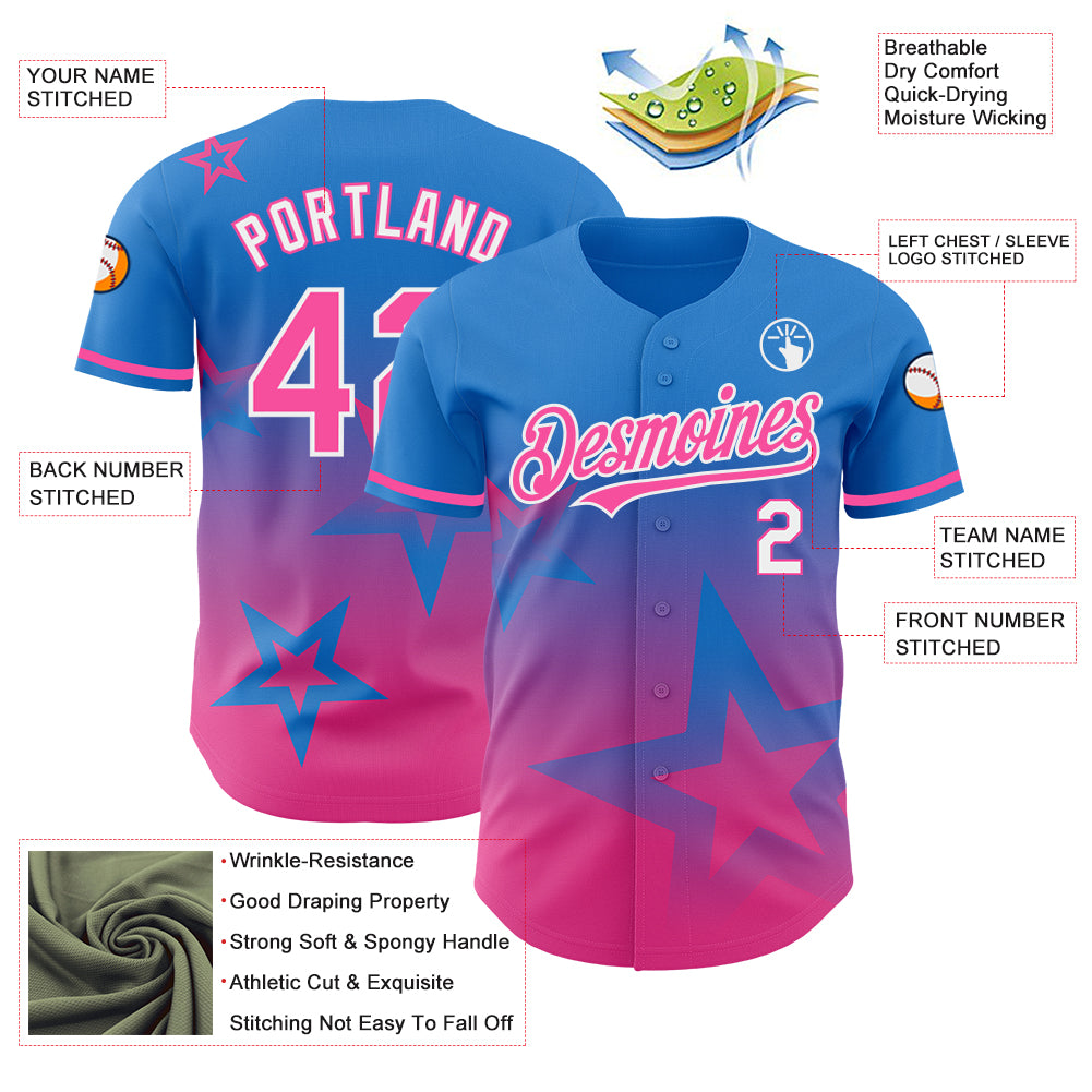 Custom Electric Blue Pink-White 3D Pattern Design Gradient Style Twinkle Star Authentic Baseball Jersey