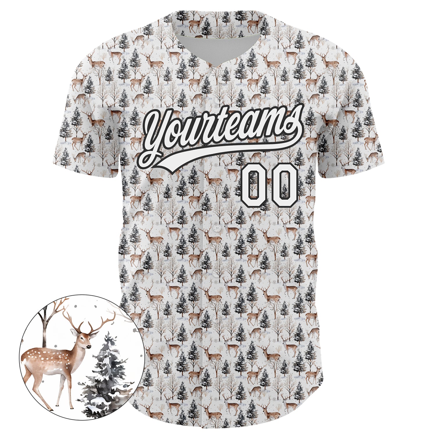 Custom White Black 3D Pattern Design Animal Deer Authentic Baseball Jersey