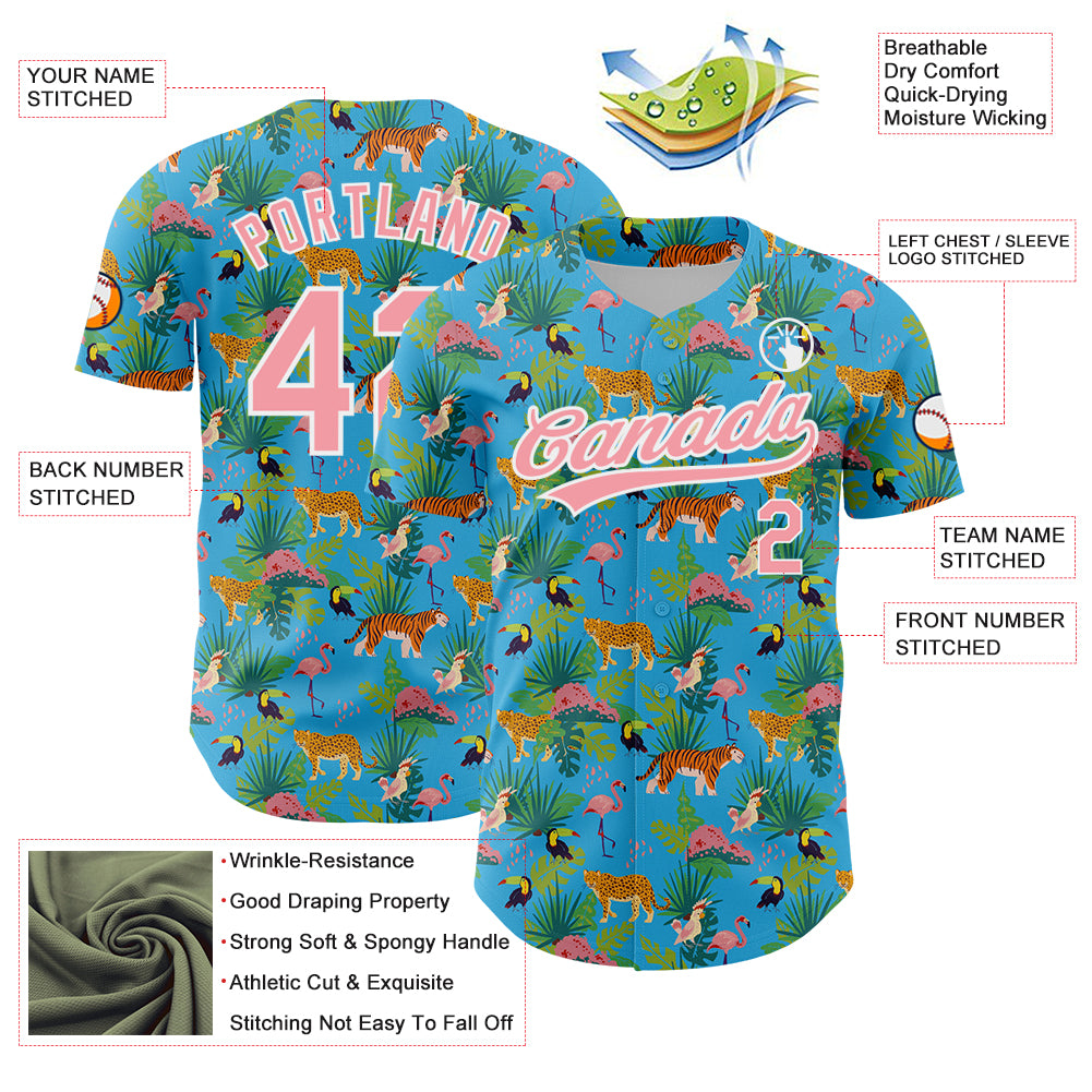 Custom Sky Blue Medium Pink-White 3D Pattern Design Animal Tiger Leopard Flamingo And Hawaii Palm Leaves Authentic Baseball Jersey
