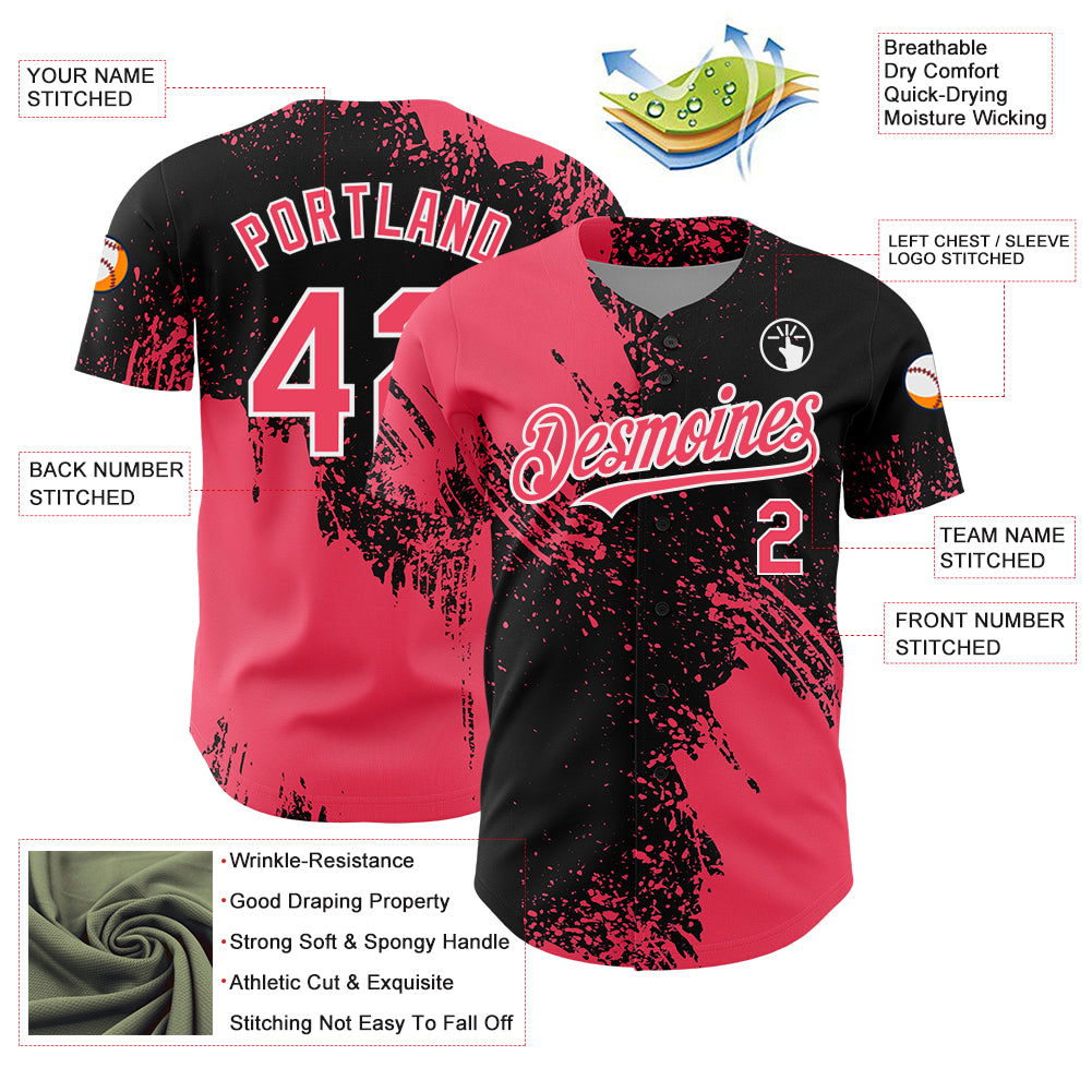 Custom Neon Pink Black-White 3D Pattern Design Abstract Brush Stroke Authentic Baseball Jersey