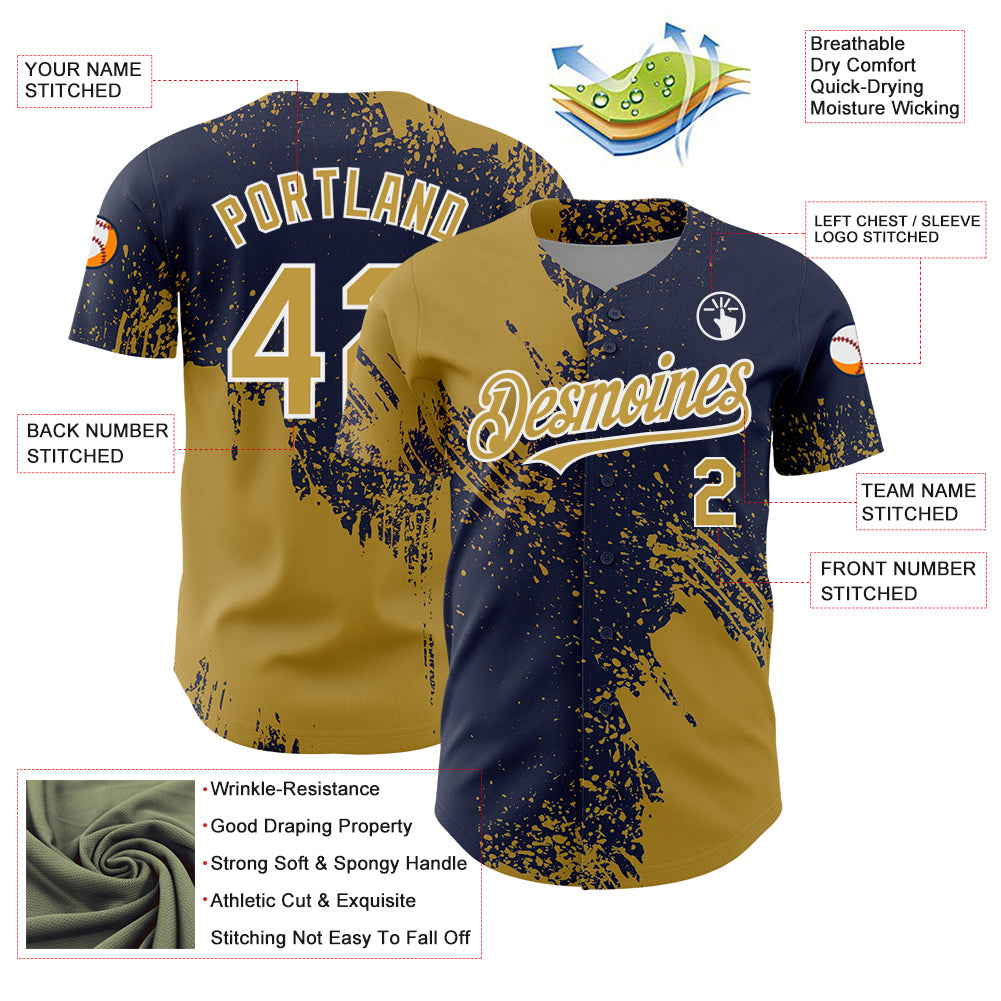 Custom Old Gold Navy-White 3D Pattern Design Abstract Brush Stroke Authentic Baseball Jersey