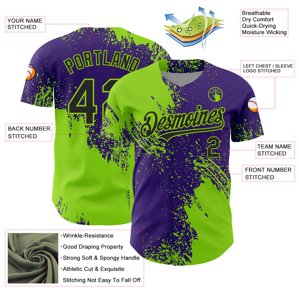 Custom Neon Green Black-Purple 3D Pattern Design Abstract Brush Stroke Authentic Baseball Jersey