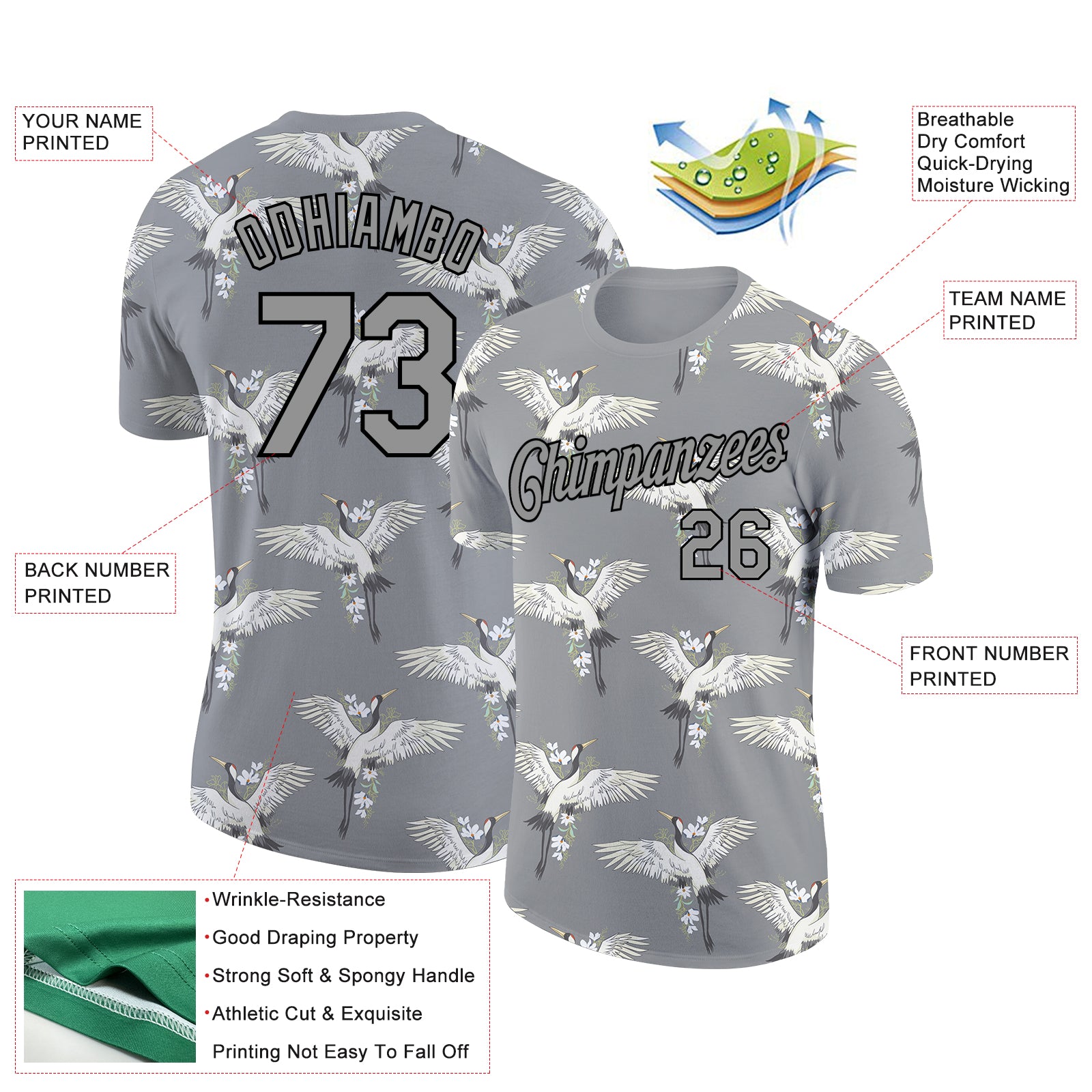 Custom Light Gray Black 3D Pattern Design Animal Crane Performance T-Shirt